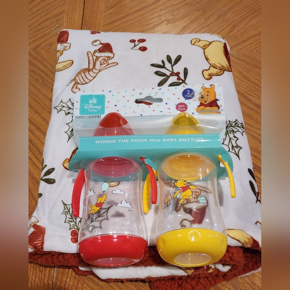 Disney WINNIE THE POOH BABY BUNDLE, NWT Pooh Bottles Set And Christmas Blanket